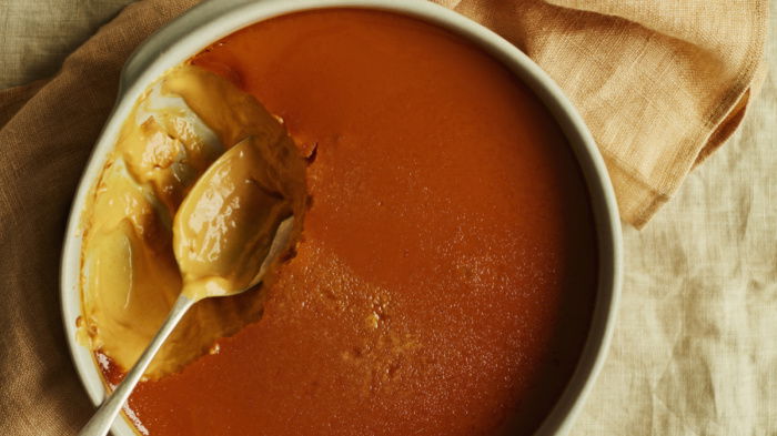 a bowl filled with burn't honey baked custard 