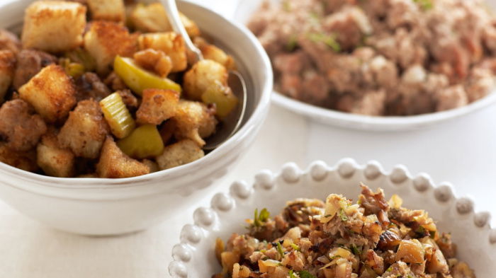 a picture of three little white dishes, each containing a different kind of stuffing