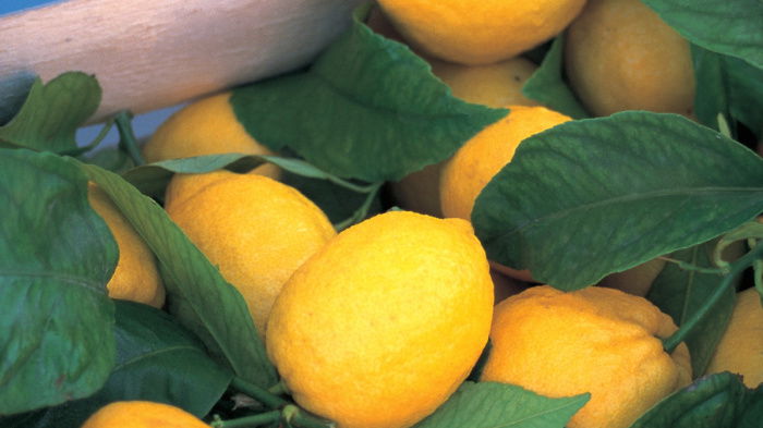 a wooden crate filled wtih ripe lemons