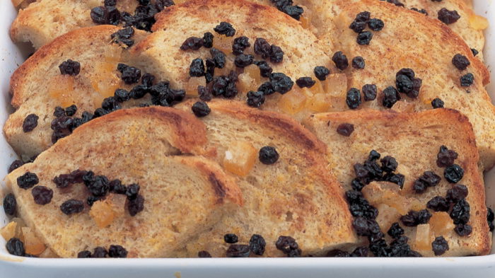 picture of Delia Smith recipe for bread and butter pudding on white serving plate