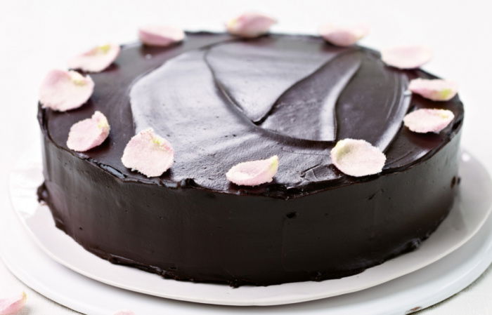 A round chocolate cake with smooth, dark frosting on a white platter. The cake is decorated with light pink flower petals around the edge, with a few petals scattered on the platter. The background is white.