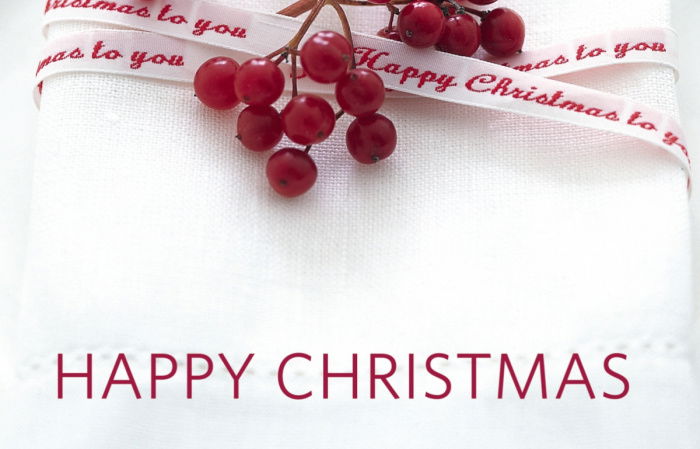 the cover of Delia's Happy Christmas book with a white folding napkin and a white ribbon with the words happy christmas to you embroidered in red and some red berries tucked in