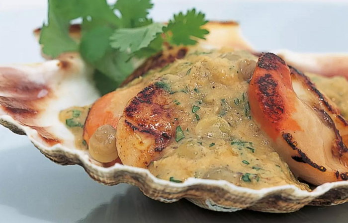 a pictur eof cooked scallops in a shell with lentils sauce and parsely garnish on the top