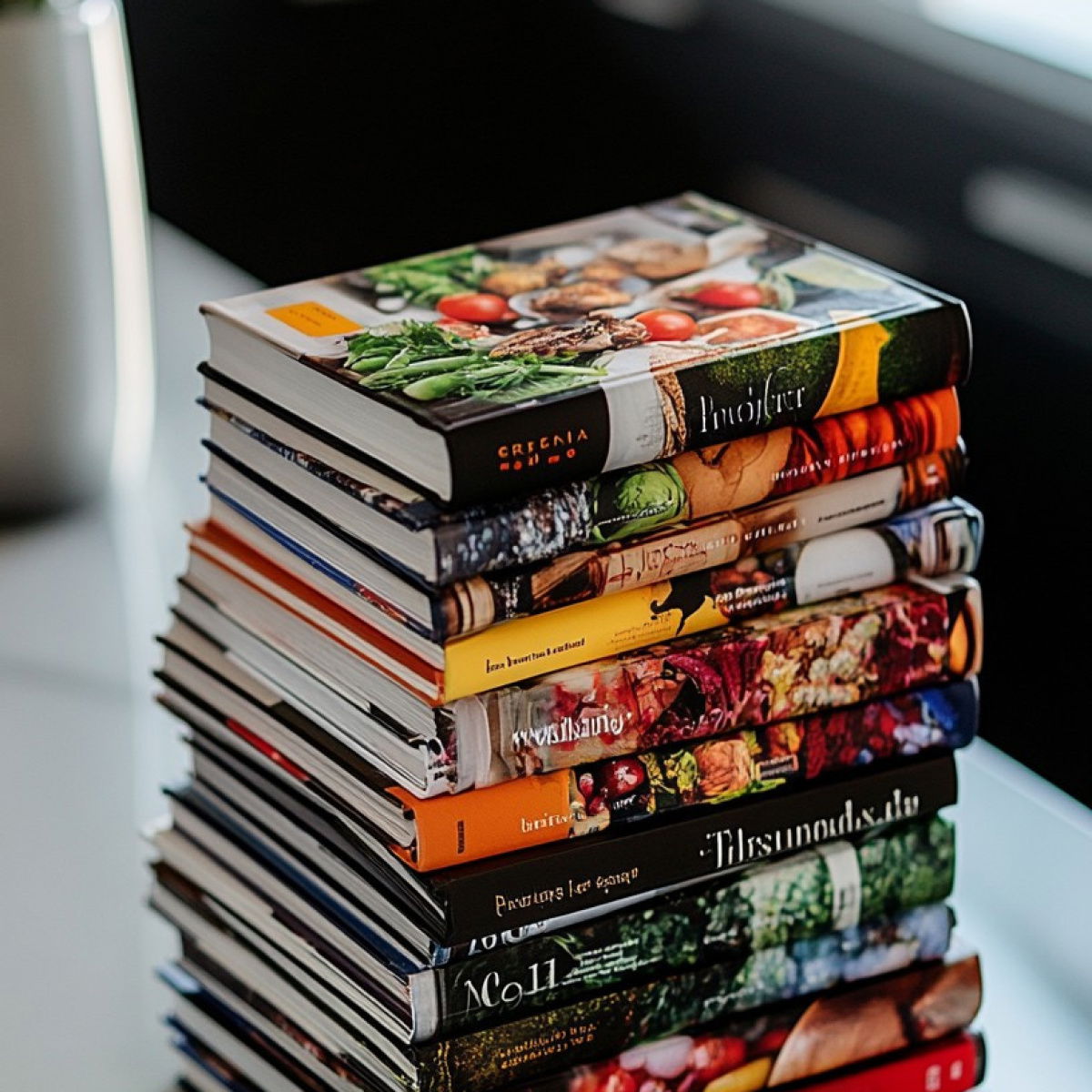 A tall stack of colorful books with various covers is arranged on a table. The books are mostly cookbooks, featuring images of food and vegetables on the covers. The background is softly blurred.