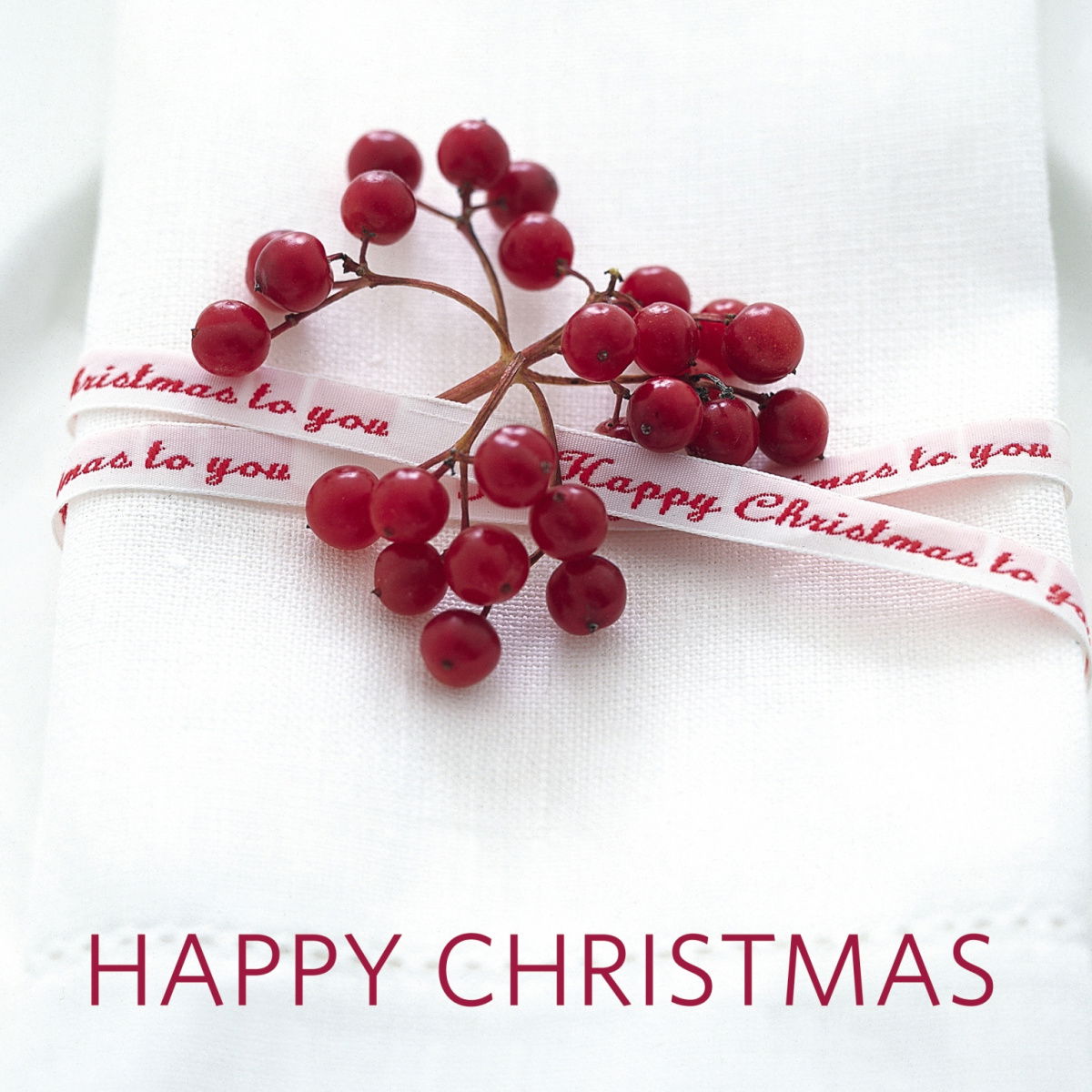 the cover of Delia's Happy Christmas book with a white folding napkin and a white ribbon with the words happy christmas to you embroidered in red and some red berries tucked in