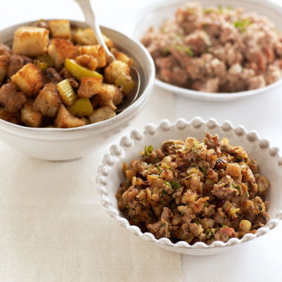 a picture of three little white dishes, each containing a different kind of stuffing